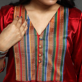 Dark red - plain mashru silk with patchwork floral a-line