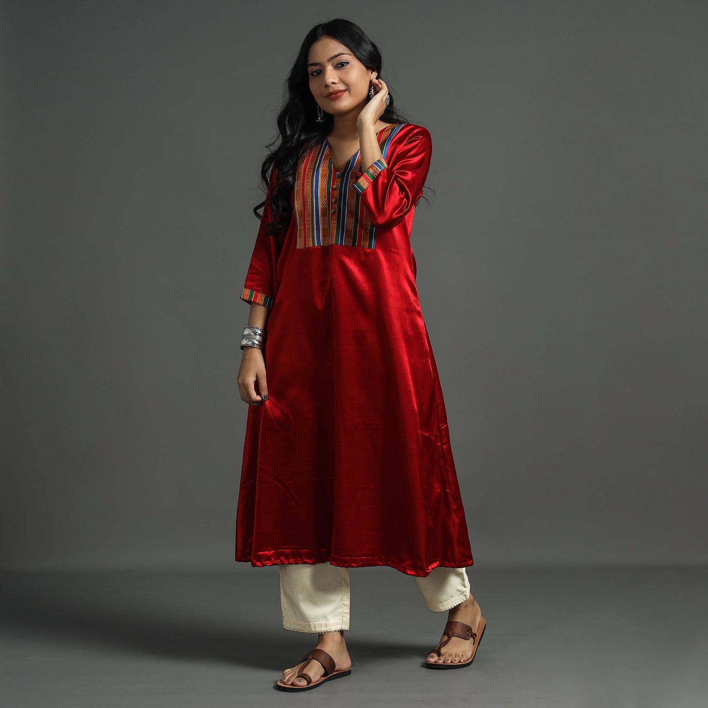 Dark red - plain mashru silk with patchwork floral a-line