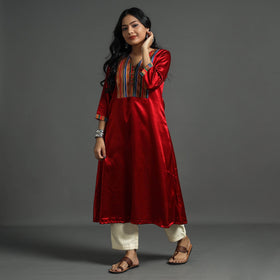 Dark red - plain mashru silk with patchwork floral a-line