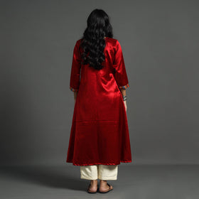 Dark red - plain mashru silk with patchwork floral a-line