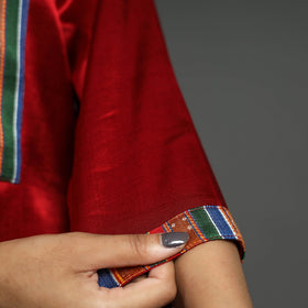 Dark red - plain mashru silk with patchwork floral a-line