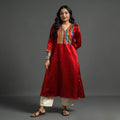 Dark red - plain mashru silk with patchwork floral a-line