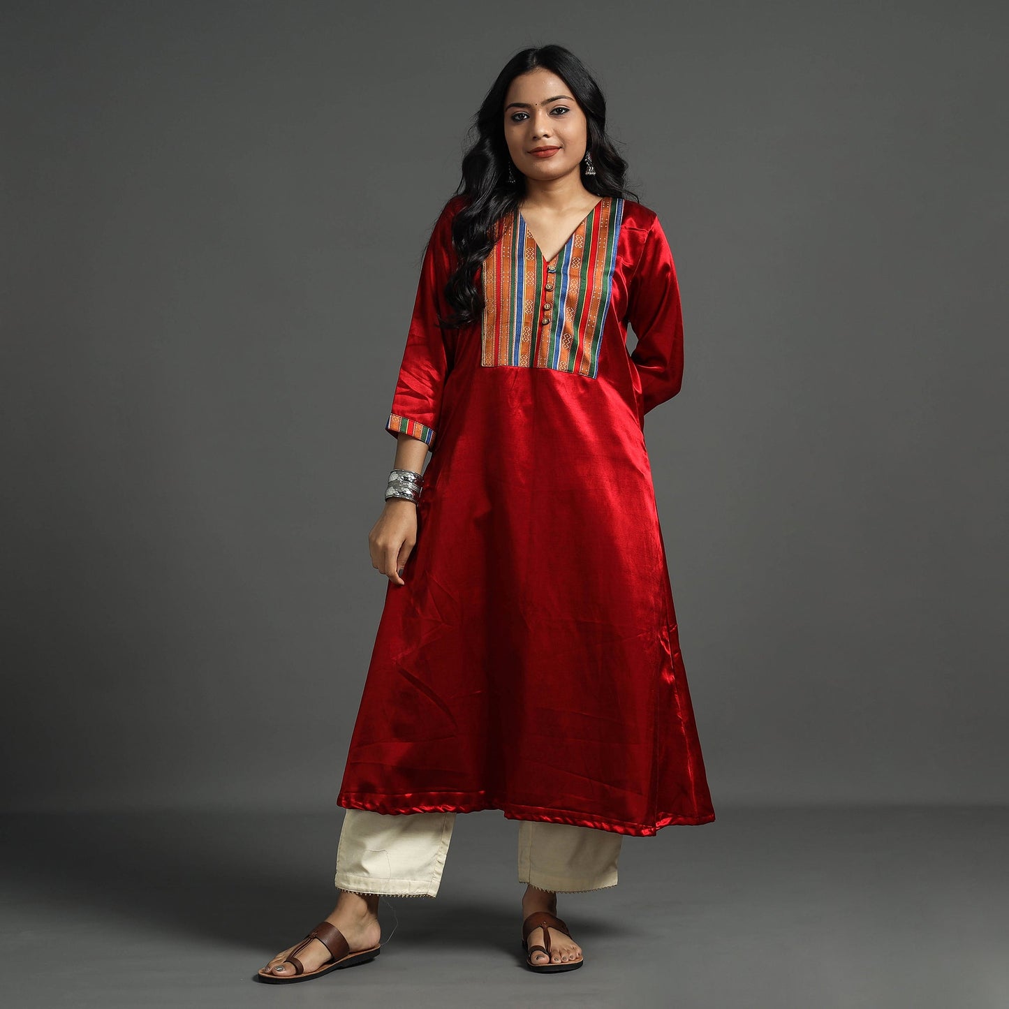 Dark red - plain mashru silk with patchwork floral a-line