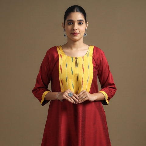 Buy Plain Slub Silk Kurta with Ikat Patchwork Online at iTokri.com