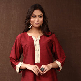  Dark Red Silk Plain Long Kurta for Women