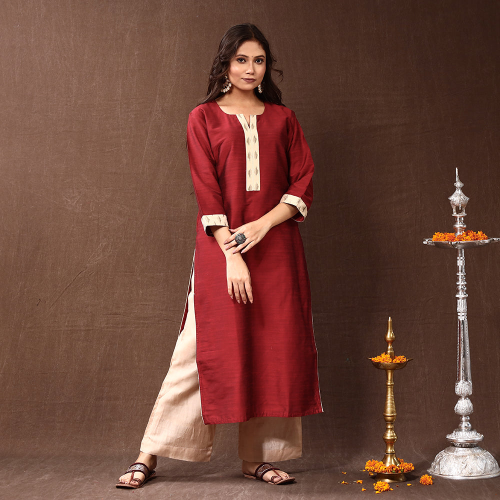  Dark Red Silk Plain Long Kurta for Women