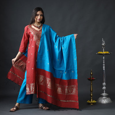 Dark red & sky blue phulia jamdani silk kurta with palazzo