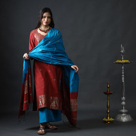 Dark red & sky blue phulia jamdani silk kurta with palazzo