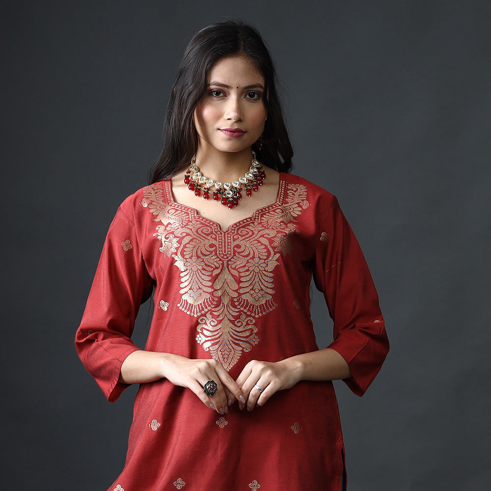 Dark red & sky blue phulia jamdani silk kurta with palazzo