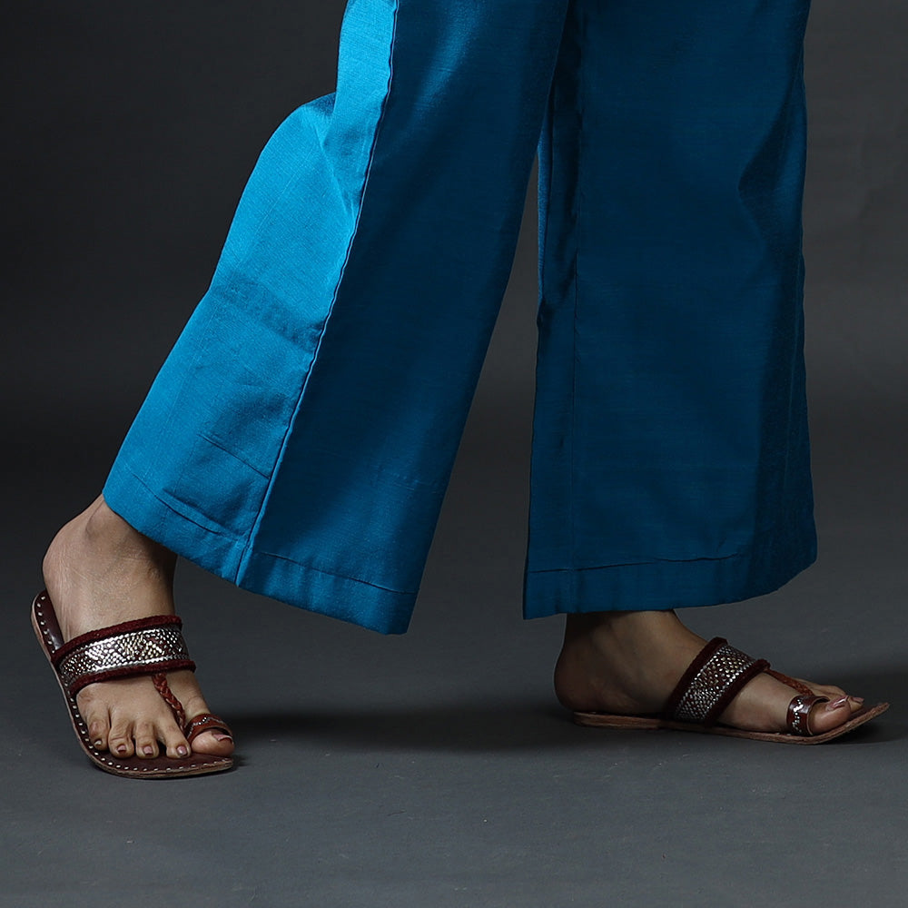 Dark red & sky blue phulia jamdani silk kurta with palazzo