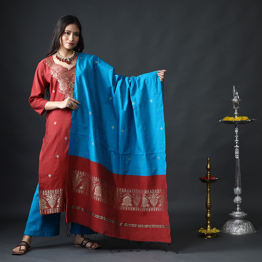 Dark red & sky blue phulia jamdani silk kurta with palazzo