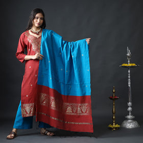 Dark red & sky blue phulia jamdani silk kurta with palazzo