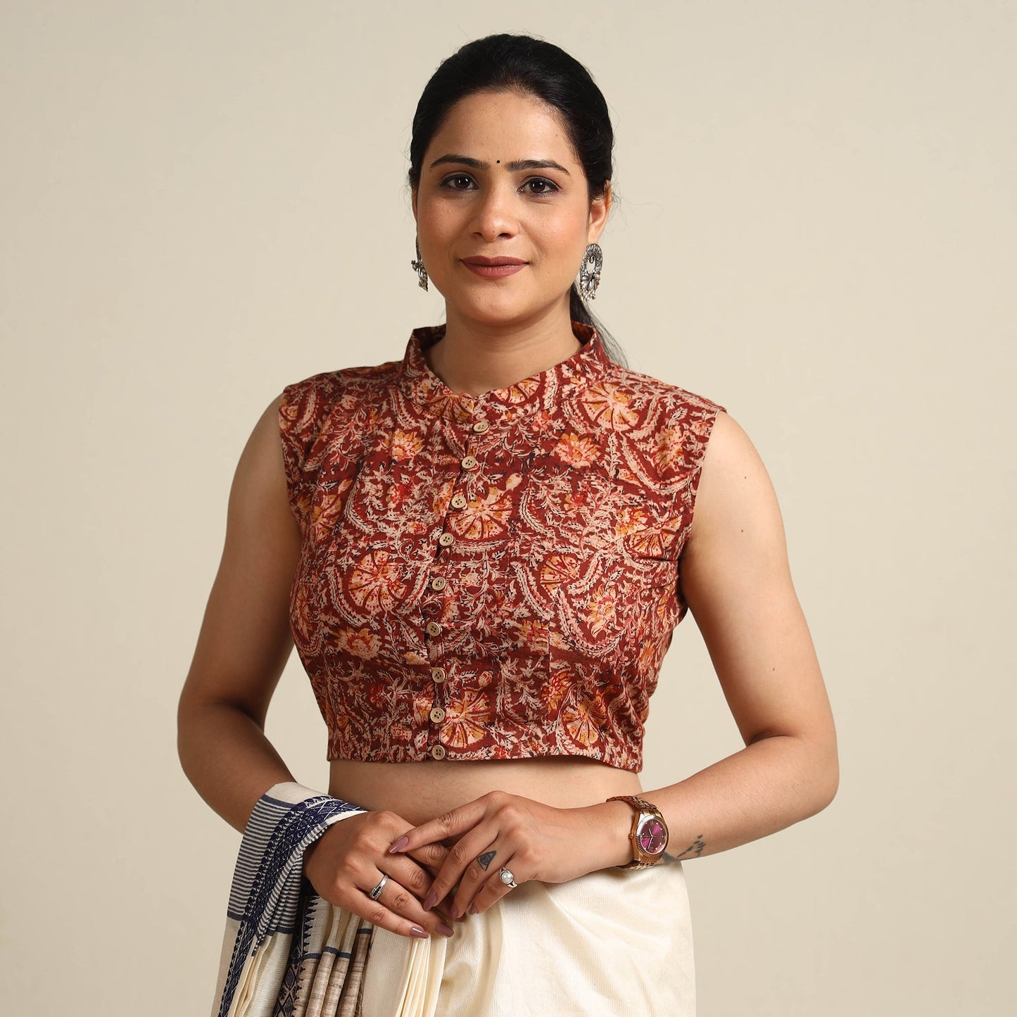 Red - Kalamkari Block Printed Cotton Stitched Blouse