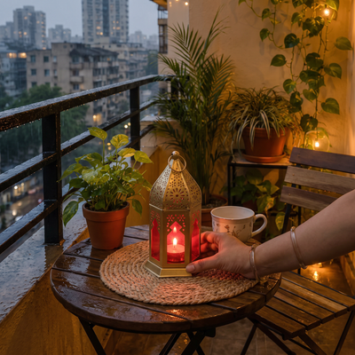 Decorative Handmade Hanging Candle Lantern, lit in a home in the evening, AI visual of the light, iTokri
