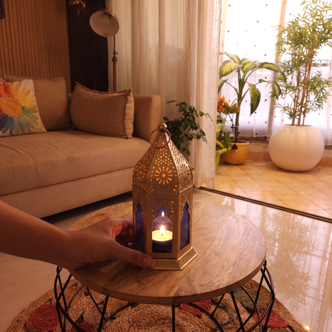 Decorative Handmade Hanging Candle Lantern, lit in a home in the evening, AI visual of the light, iTokri