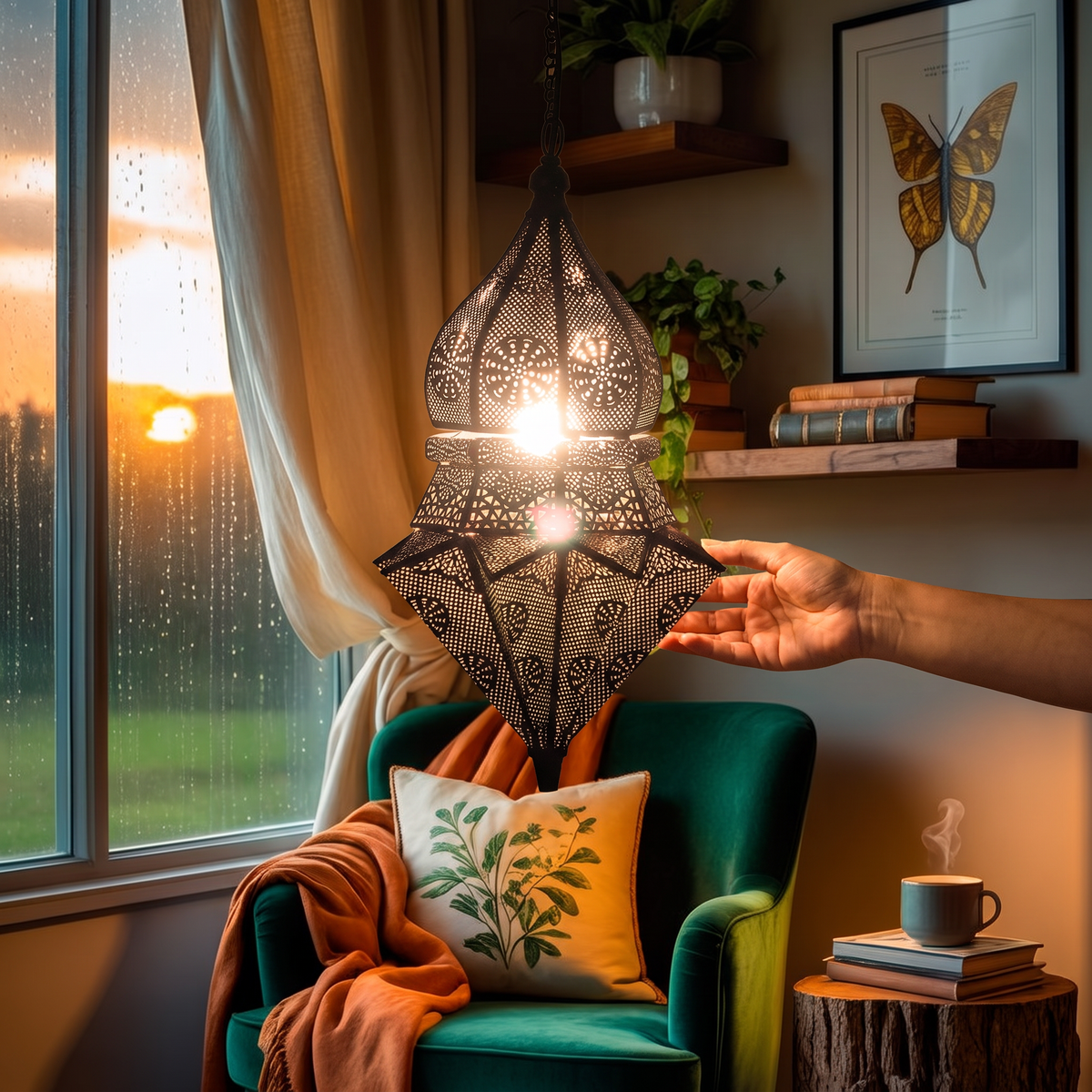 Decorative Handmade Hanging Iron Electric Lantern / Lamp, lit in a home in the evening, AI visual of the light, iTokri