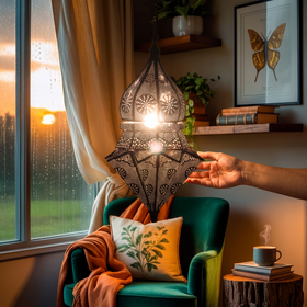 Decorative Handmade Hanging Iron Electric Lantern / Lamp, lit in a home in the evening, AI visual of the light, iTokri