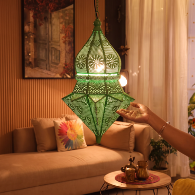 Decorative Handmade Hanging Iron Electric Lantern / Lamp, lit in a home in the evening, AI visual of the light, iTokri