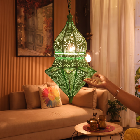 Decorative Handmade Hanging Iron Electric Lantern / Lamp, lit in a home in the evening, AI visual of the light, iTokri