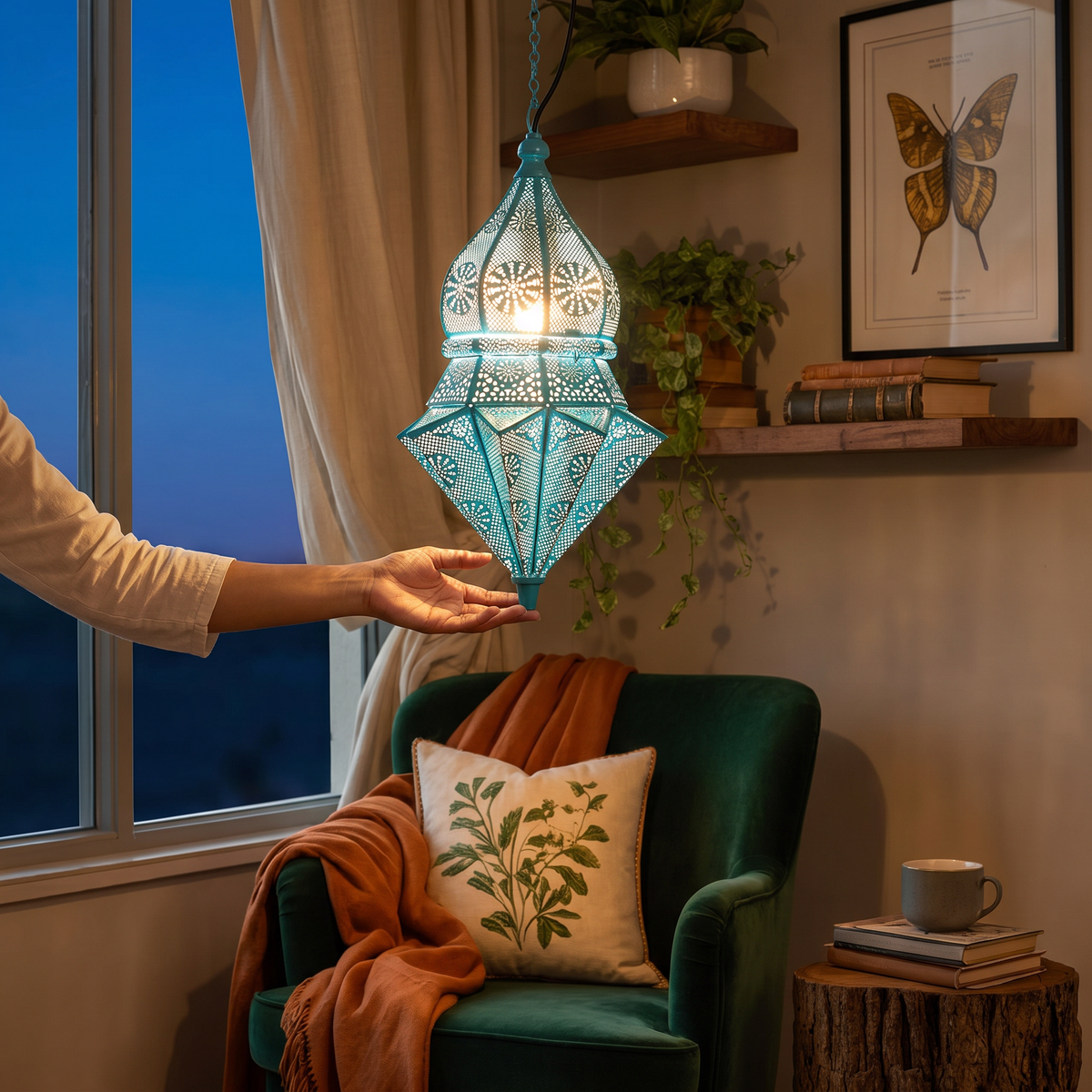 Decorative Handmade Hanging Iron Electric Lantern / Lamp, lit in a home in the evening, AI visual of the light, iTokri