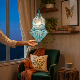 Decorative Handmade Hanging Iron Electric Lantern / Lamp, lit in a home in the evening, AI visual of the light, iTokri