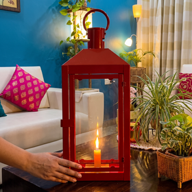Decorative Handmade Hanging Iron Lantern (Big), lit in a home in the evening, AI visual of the light, iTokri