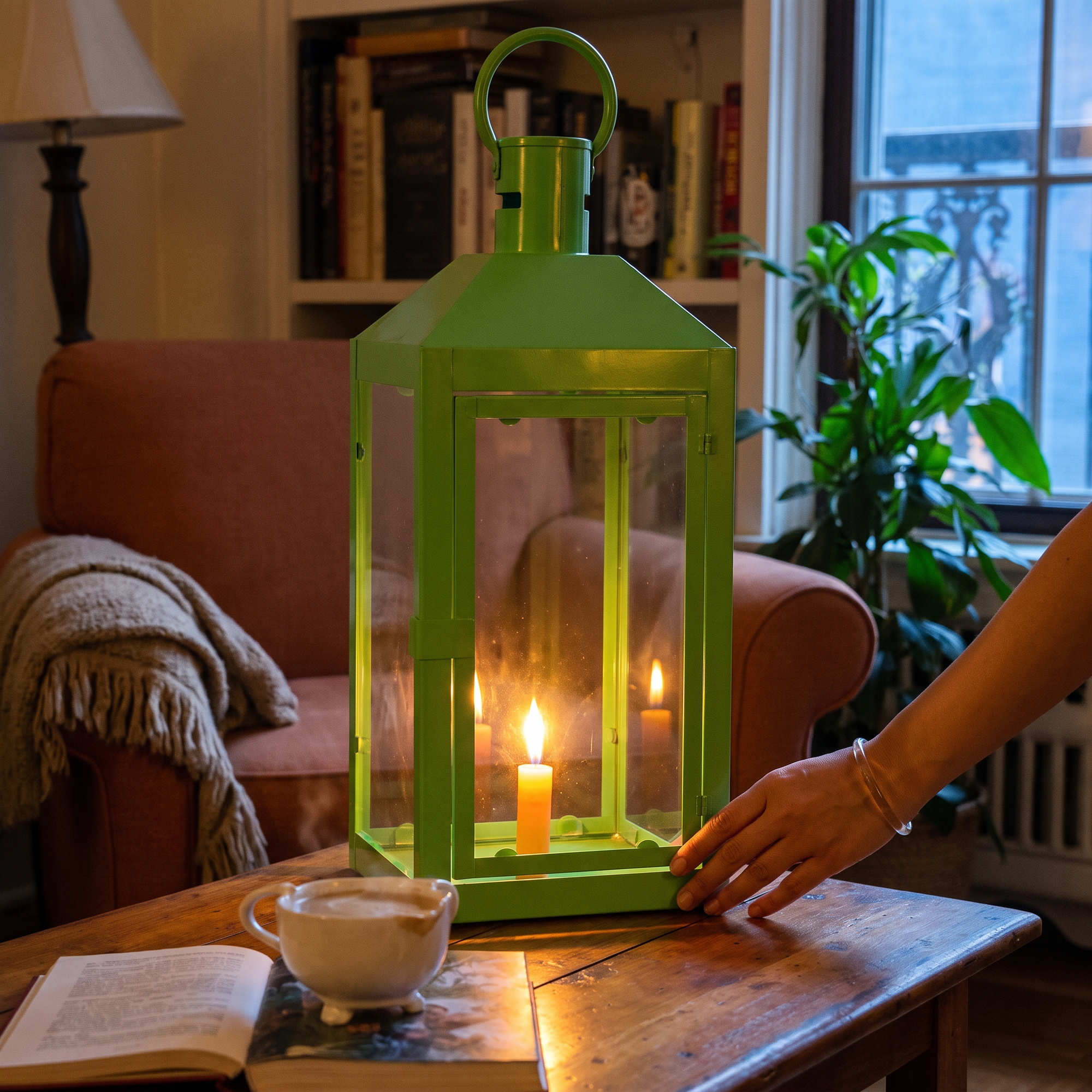 Decorative Handmade Hanging Iron Lantern (Big), lit in a home in the evening, AI visual of the light, iTokri