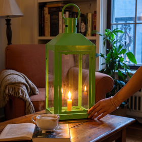 Decorative Handmade Hanging Iron Lantern (Big), lit in a home in the evening, AI visual of the light, iTokri