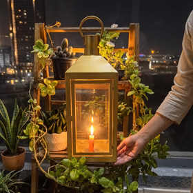 Decorative Handmade Hanging Iron Lantern (Big), lit in a home in the evening, AI visual of the light, iTokri