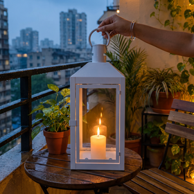 Decorative Handmade Hanging Iron Lantern (Big), lit in a home in the evening, AI visual of the light, iTokri