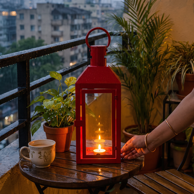 Decorative Handmade Hanging Iron Lantern (Medium), lit in a home in the evening, AI visual of the light, iTokri