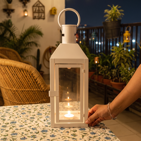 Decorative Handmade Hanging Iron Lantern (Medium), lit in a home in the evening, AI visual of the light, iTokri