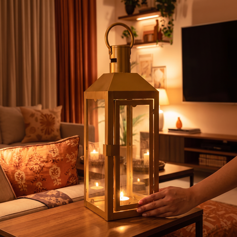 Decorative Handmade Hanging Iron Lantern (Medium), lit in a home in the evening, AI visual of the light, iTokri