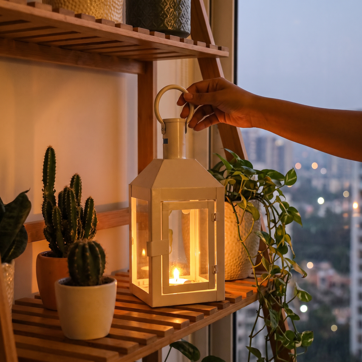 Decorative Handmade Hanging Iron Lantern (Small), lit in a home in the evening, AI visual of the light, iTokri