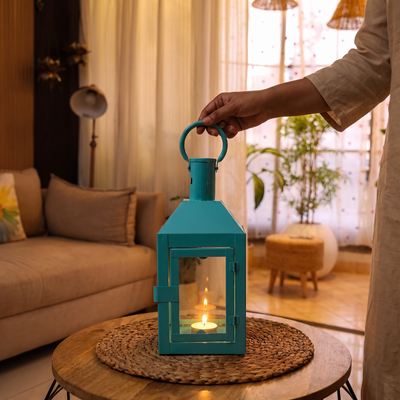 Decorative Handmade Hanging Iron Lantern (Small), lit in a home in the evening, AI visual of the light, iTokri