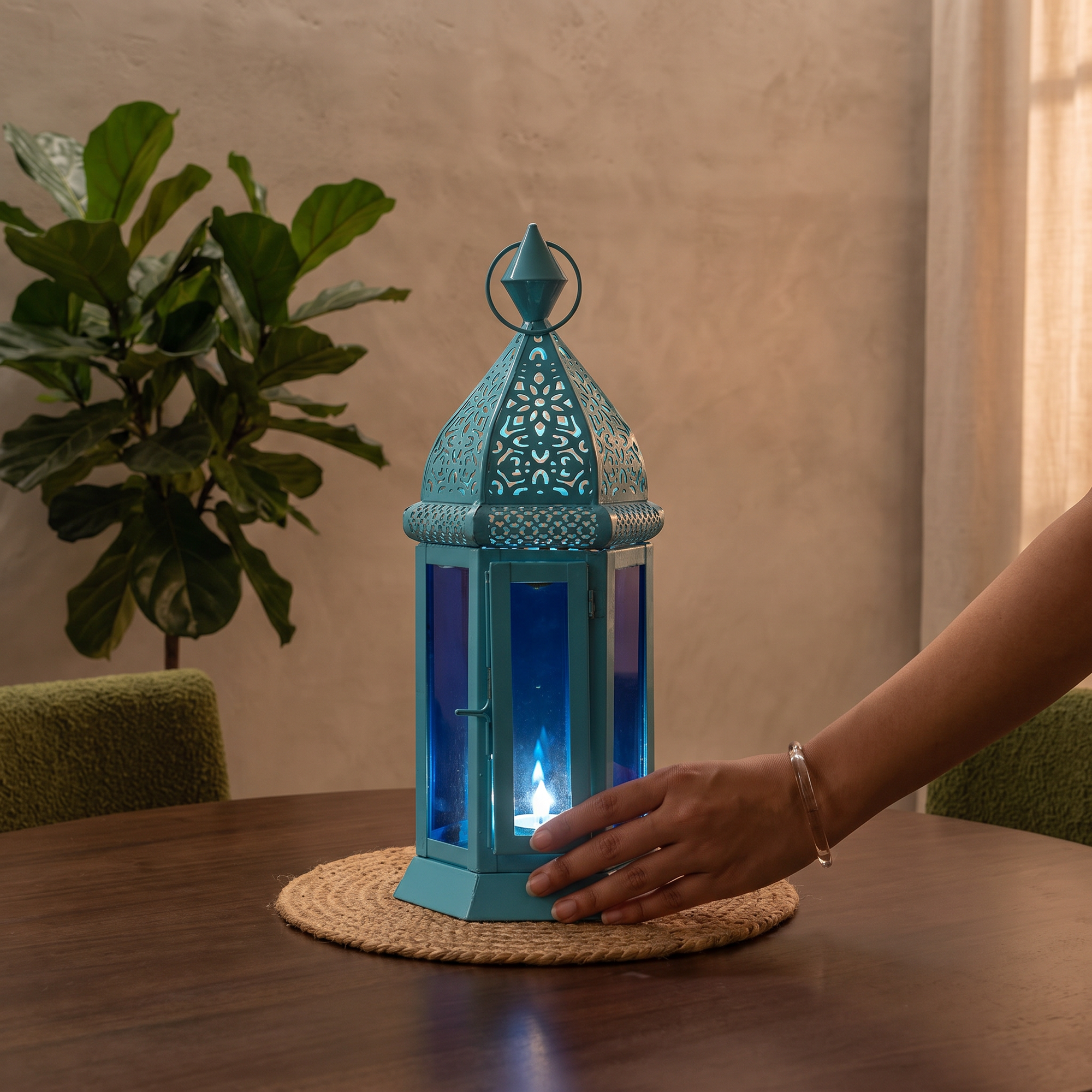 Decorative Handmade Hanging Moroccan Lantern, lit in a home in the evening, AI visual of the light, iTokri