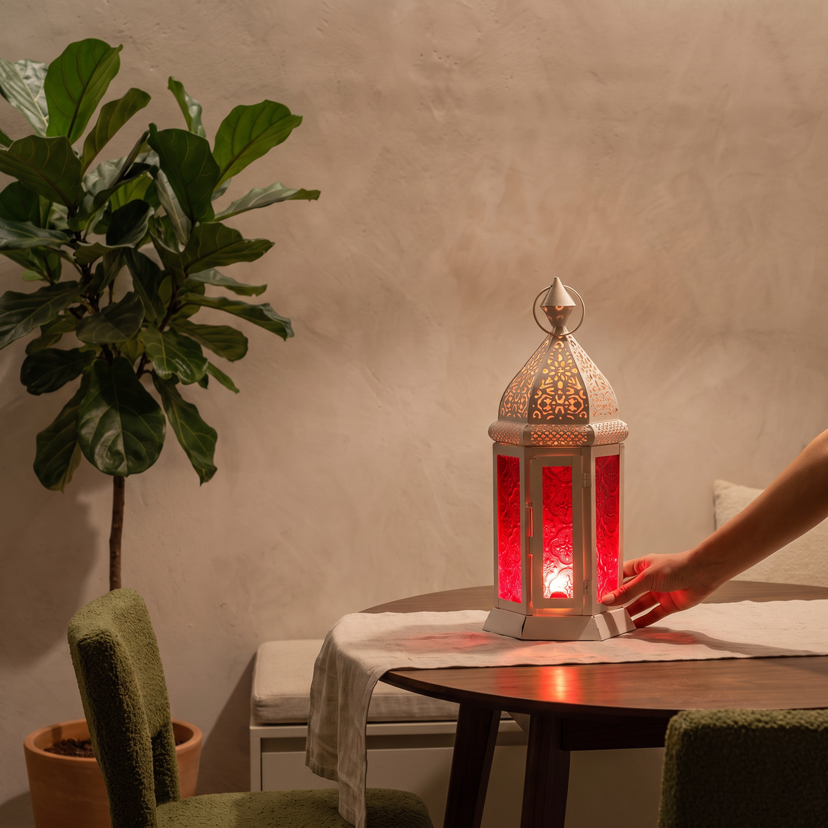 Decorative Handmade Hanging Moroccan Lantern, lit in a home in the evening, AI visual of the light, iTokri