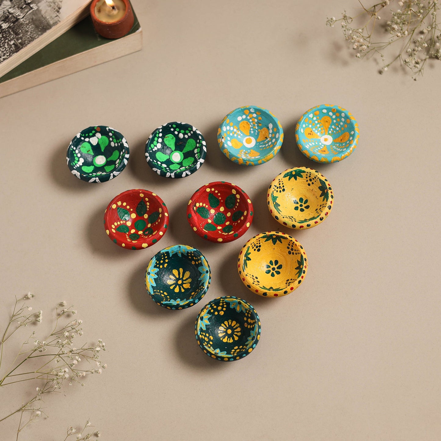 Decorative handpainted clay diya (set of 10) 03