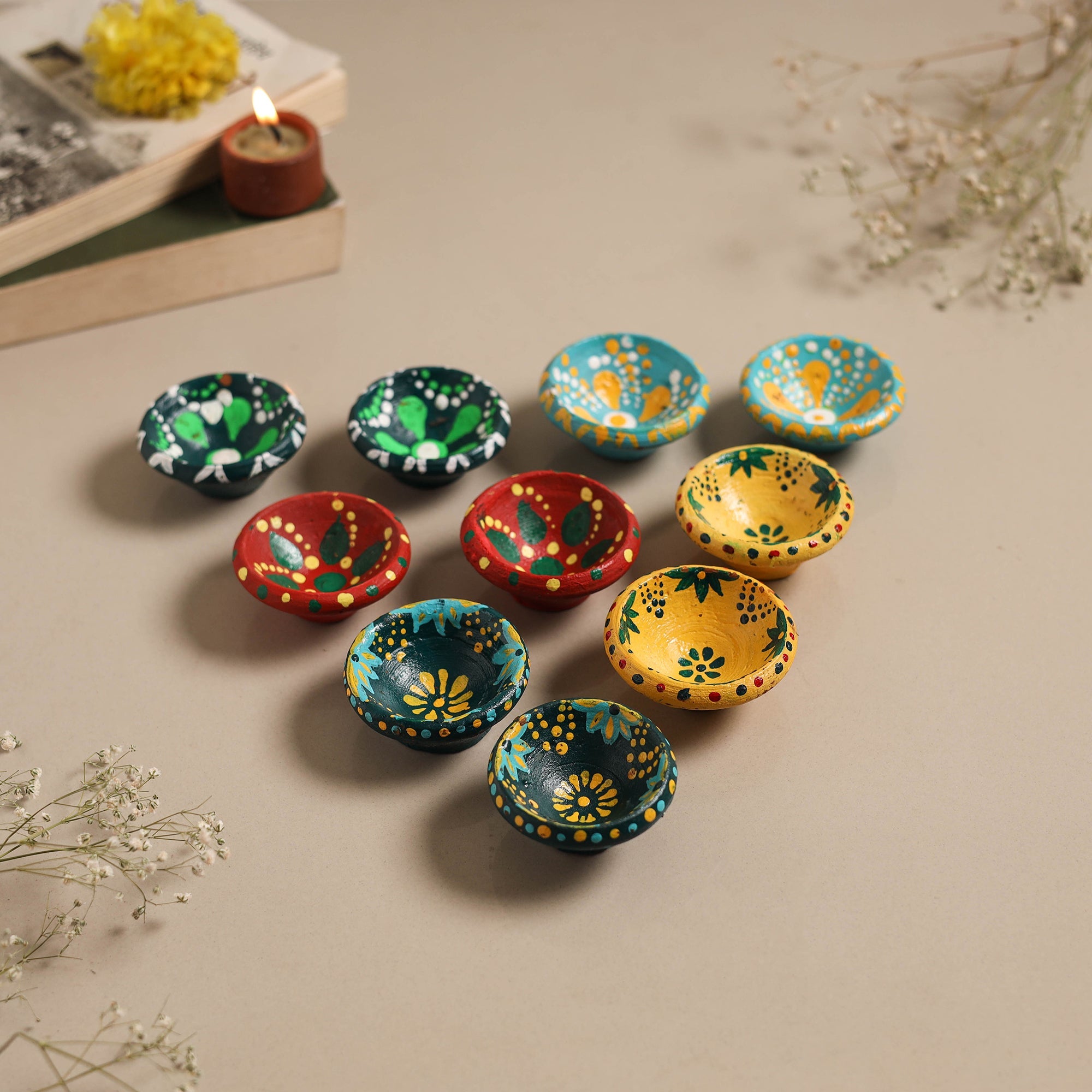Decorative handpainted clay diya (set of 10) 03