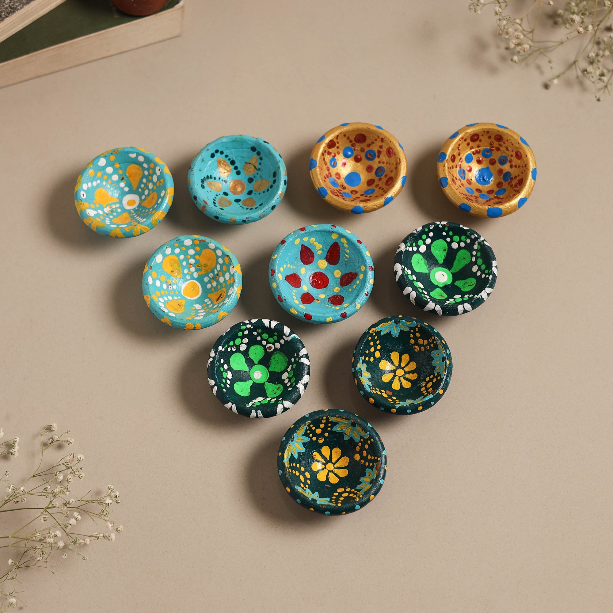 Decorative handpainted clay diya (set of 10) 06