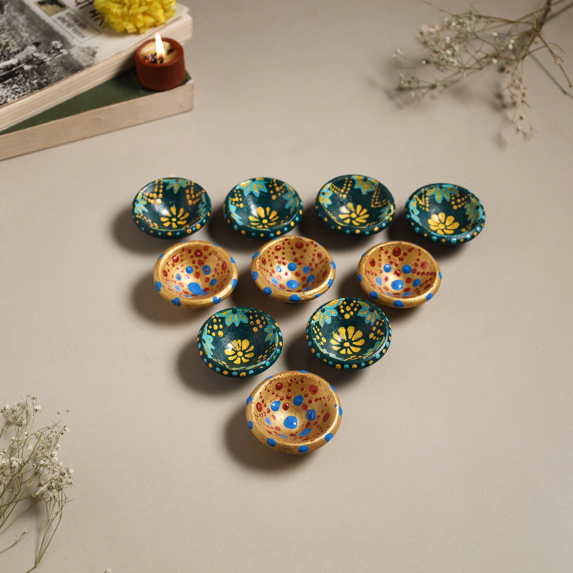 Decorative handpainted clay diya (set of 10) 29
