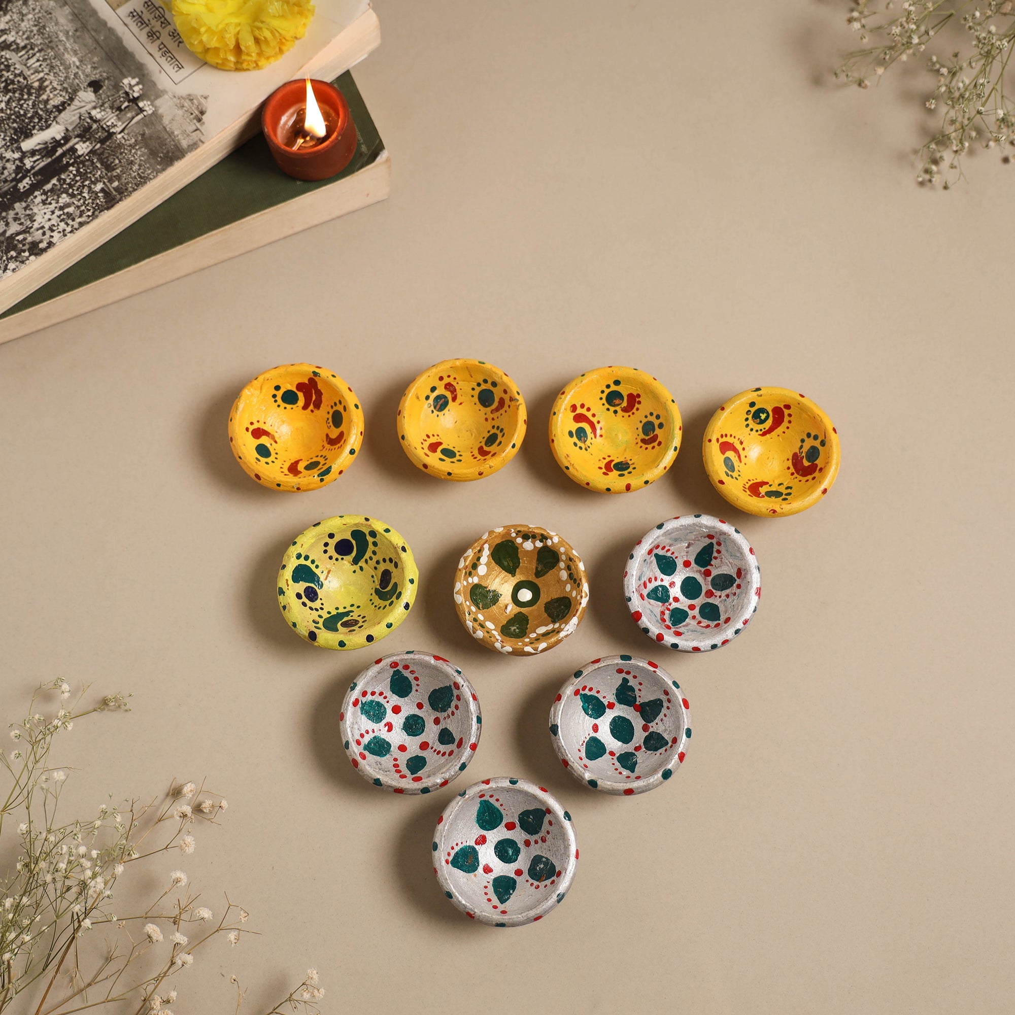 Decorative handpainted clay diya (set of 10) 35