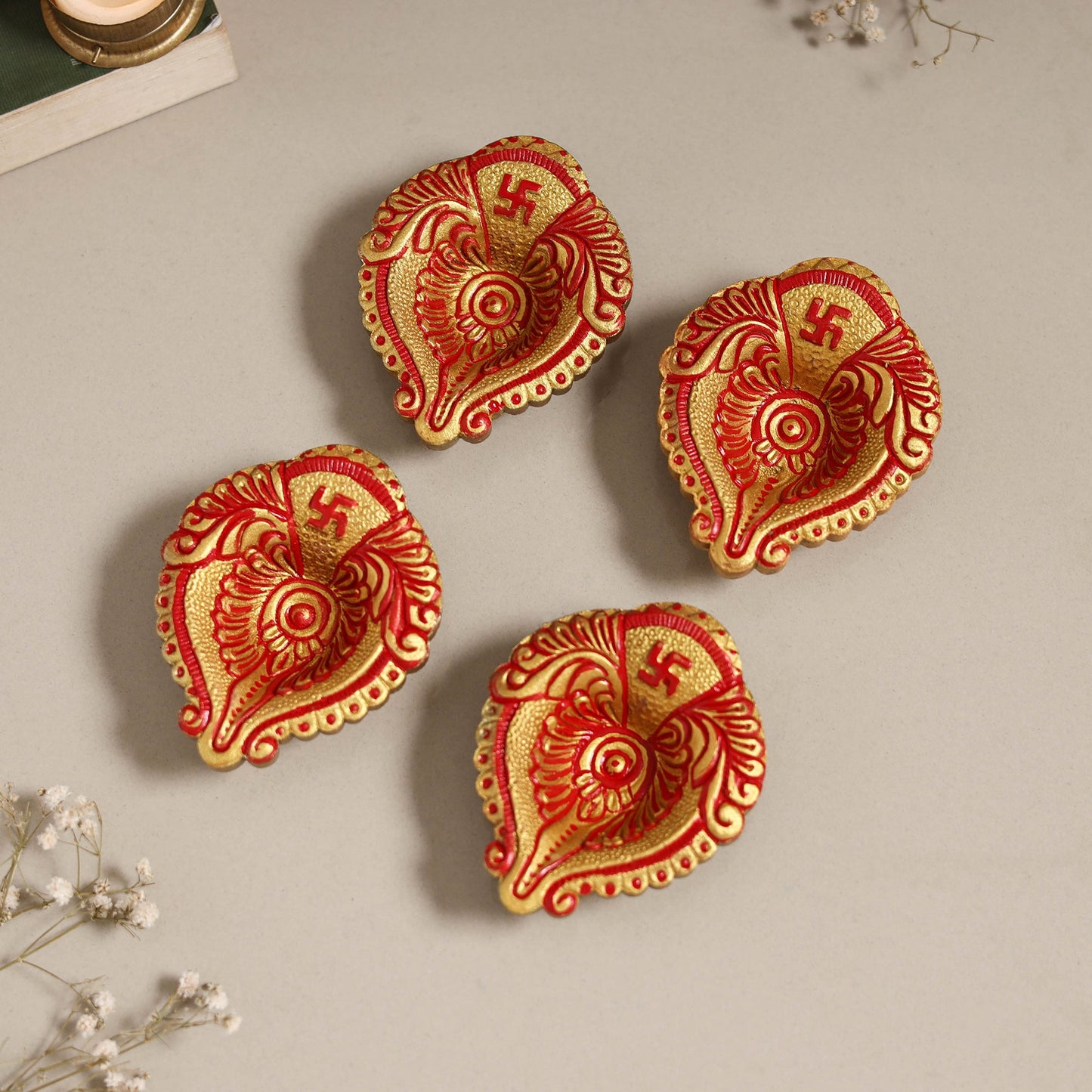 Decorative handpainted clay diya (set of 4) 01 - handcrafted