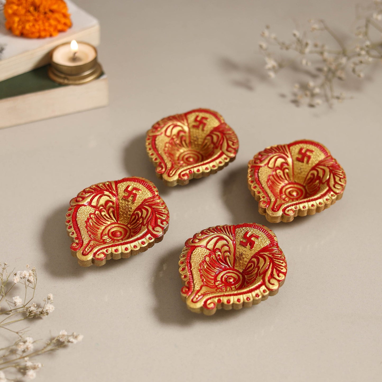 Decorative handpainted clay diya (set of 4) 01 - handcrafted