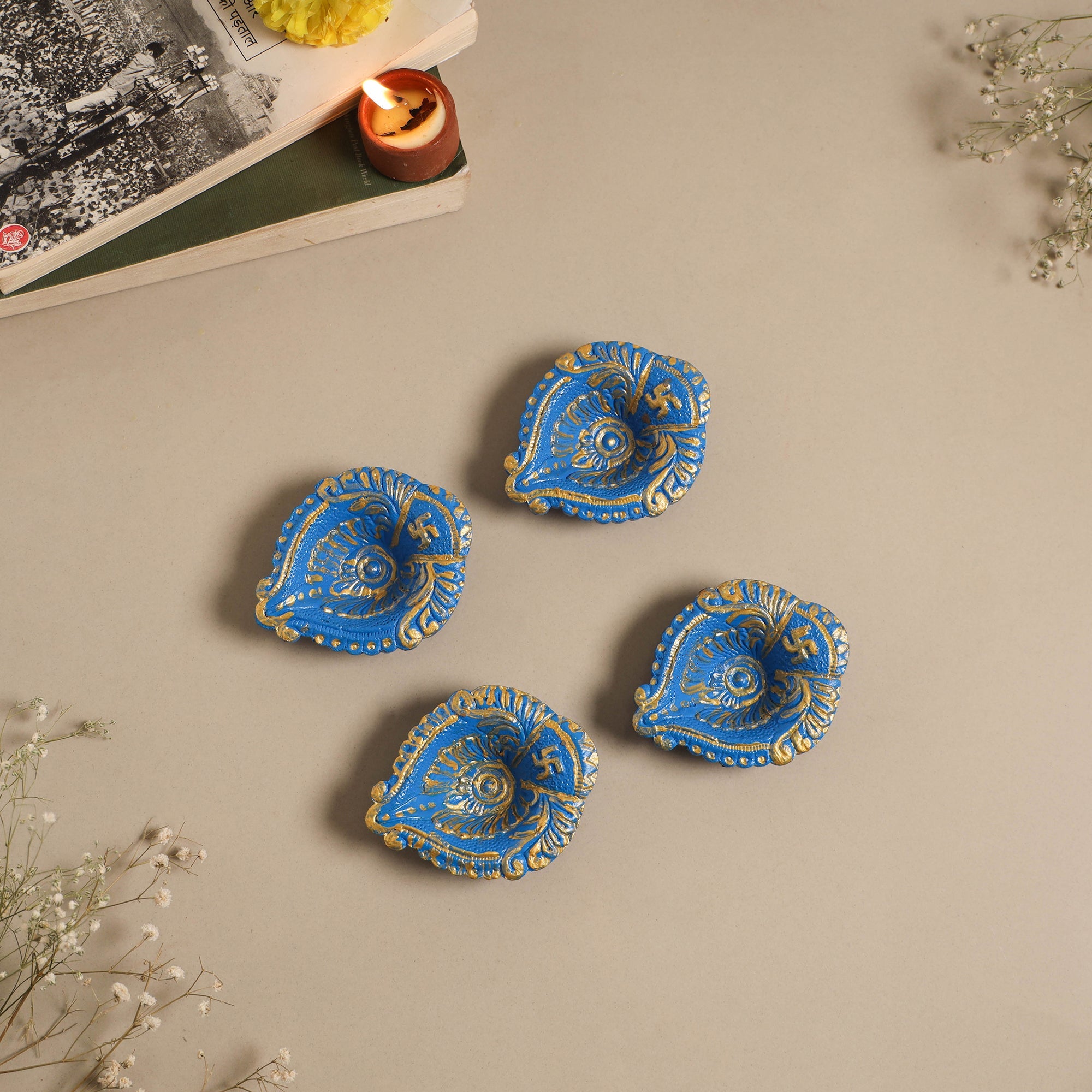 Decorative handpainted clay diya (set of 4) 10 - handcrafted