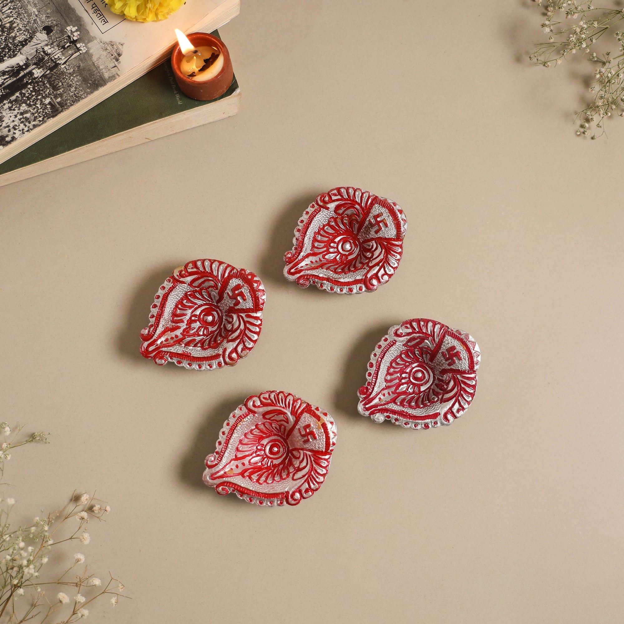 Decorative handpainted clay diya (set of 4) 11 - handcrafted