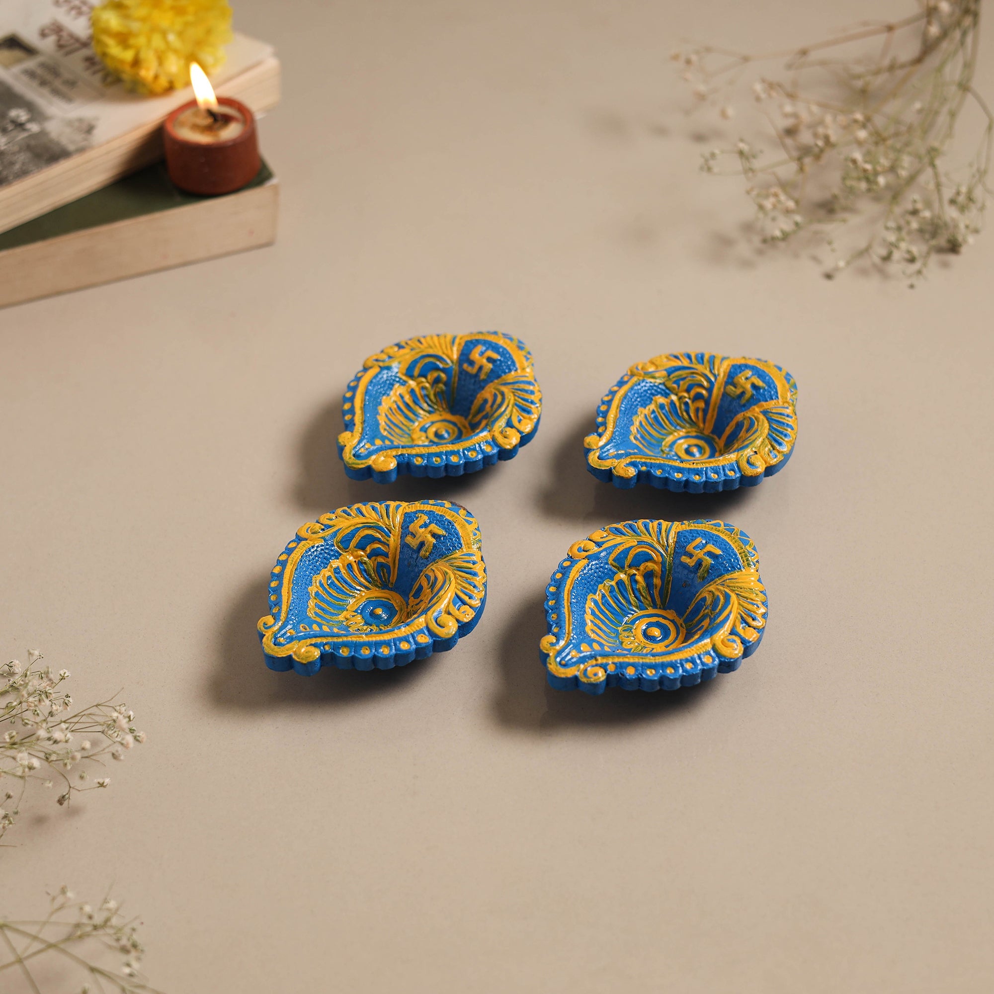 Decorative handpainted clay diya (set of 4) 12 - handcrafted