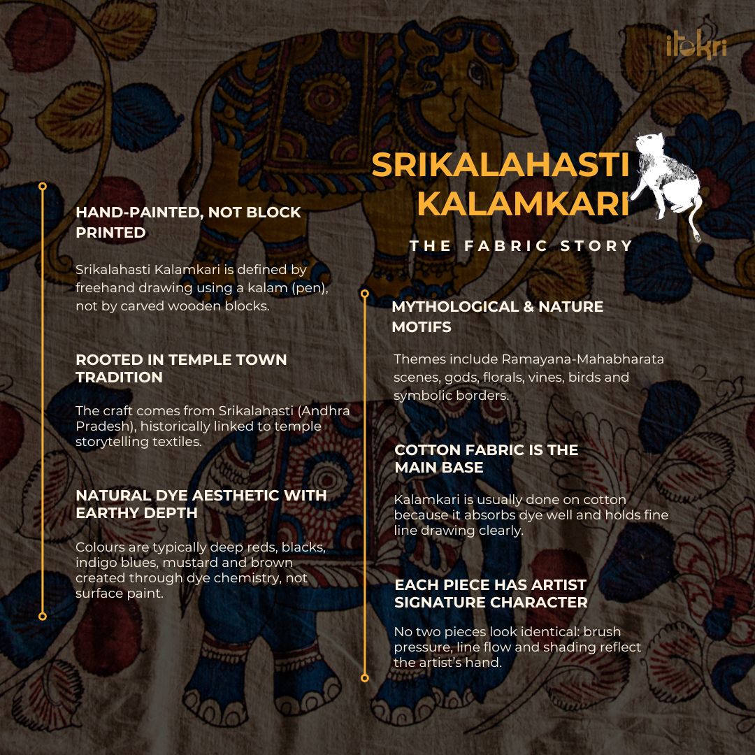 Srikalahasti Pen Work Handpainted Kalamkari Handloom Kota Doria Silk Fabric 12