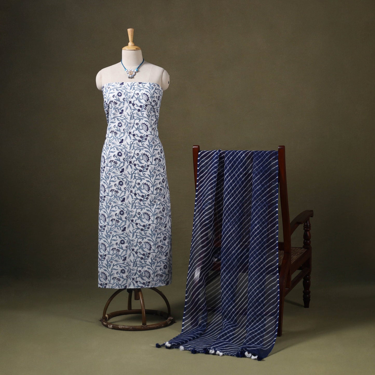 Designer! Block Print Cotton Dress Material with Jewellery Set