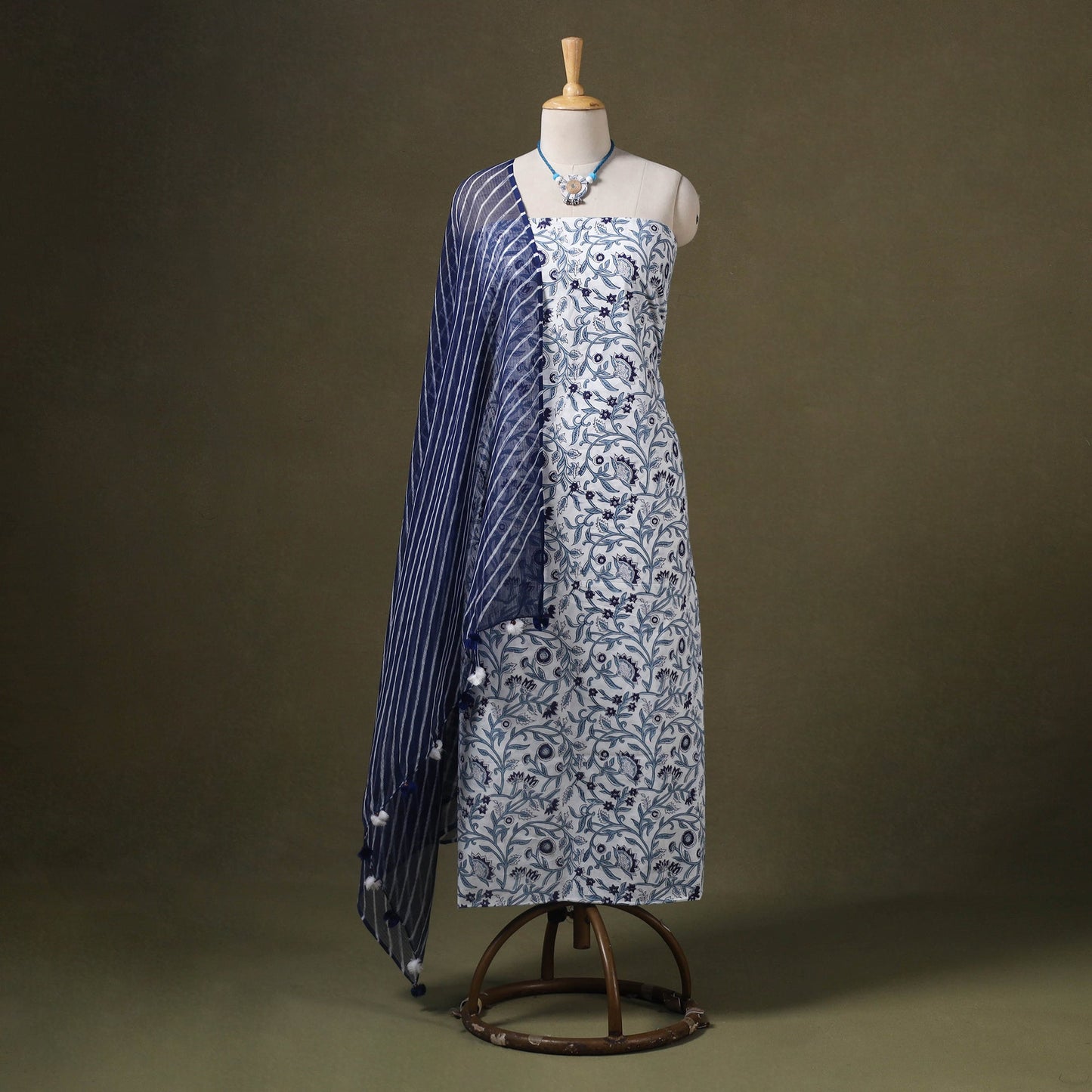 Designer! Block Print Cotton Dress Material with Jewellery Set